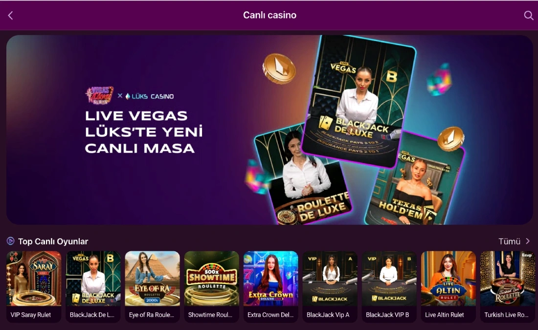 Canlı Casino bölümündeki Live Vegas banner'ı ve Roulette De Luxe, BlackJack De Luxe masa kartları