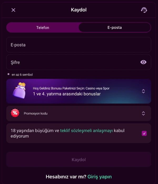 Kaydol penceresinin e-posta sekmesi: e-posta, şifre alanları ve Hoş Geldiniz Bonusu paket seçimi
